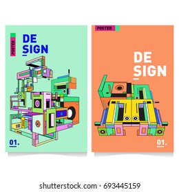 Flat color covers set. Abstract colorful geometric 3d with typography design template. Trendy poster design and colorful theme. 