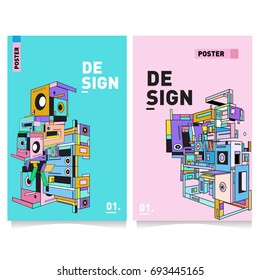 Flat color covers set. Abstract colorful geometric 3d with typography design template. Trendy poster design and colorful theme. 