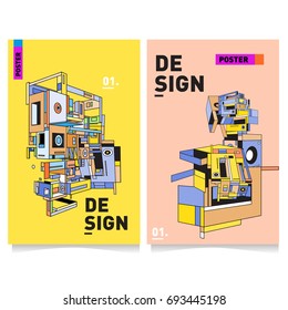 Flat color covers set. Abstract colorful geometric 3d with typography design template. Trendy poster design and colorful theme. 