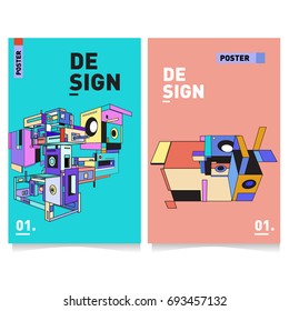 Flat color covers set. Abstract colorful geometric 3d with typography design template. Trendy poster design and colorful theme. 