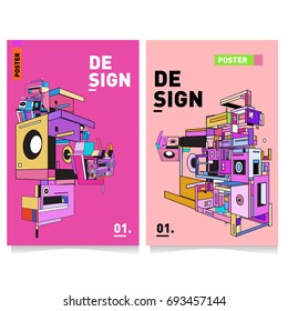 Flat color covers set. Abstract colorful geometric 3d with typography design template. Trendy poster design and colorful theme. 