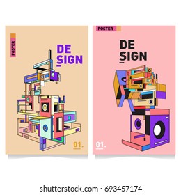 Flat color covers set. Abstract colorful geometric 3d with typography design template. Trendy poster design and colorful theme. 