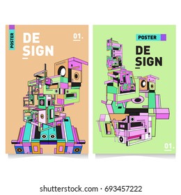 Flat color covers set. Abstract colorful geometric 3d with typography design template. Trendy poster design and colorful theme. 