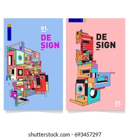 Flat color covers set. Abstract colorful geometric 3d with typography design template. Trendy poster design and colorful theme. 