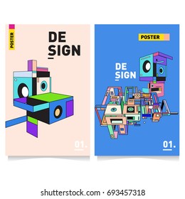 Flat color covers set. Abstract colorful geometric 3d with typography design template. Trendy poster design and colorful theme. 