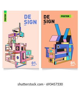 Flat color covers set. Abstract colorful geometric 3d with typography design template. Trendy poster design and colorful theme. 