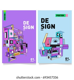 Flat color covers set. Abstract colorful geometric 3d with typography design template. Trendy poster design and colorful theme. 