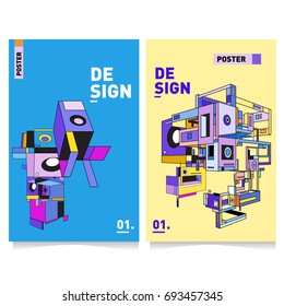 Flat color covers set. Abstract colorful geometric 3d with typography design template. Trendy poster design and colorful theme. 