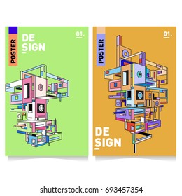 Flat color covers set. Abstract colorful geometric 3d with typography design template. Trendy poster design and colorful theme. 