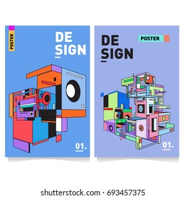 Flat color covers set. Abstract colorful geometric 3d with typography design template. Trendy poster design and colorful theme. 