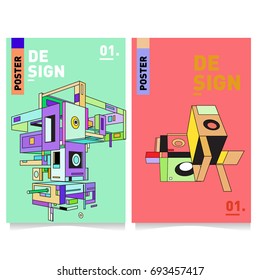 Flat color covers set. Abstract colorful geometric 3d with typography design template. Trendy poster design and colorful theme. 