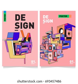 Flat color covers set. Abstract colorful geometric 3d with typography design template. Trendy poster design and colorful theme. 