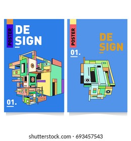 Flat color covers set. Abstract colorful geometric 3d with typography design template. Trendy poster design and colorful theme. 