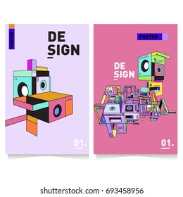 Flat color covers set. Abstract colorful geometric 3d with typography design template. Trendy poster design and colorful theme. 