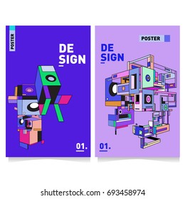 Flat color covers set. Abstract colorful geometric 3d with typography design template. Trendy poster design and colorful theme. 