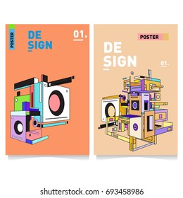 Flat color covers set. Abstract colorful geometric 3d with typography design template. Trendy poster design and colorful theme. 