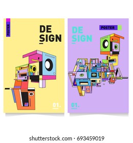 Flat color covers set. Abstract colorful geometric 3d with typography design template. Trendy poster design and colorful theme. 