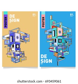 Flat color covers set. Abstract colorful geometric 3d with typography design template. Trendy poster design and colorful theme. 