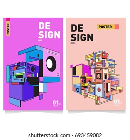 Flat color covers set. Abstract colorful geometric 3d with typography design template. Trendy poster design and colorful theme. 