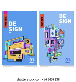 Flat color covers set. Abstract colorful geometric 3d with typography design template. Trendy poster design and colorful theme. 