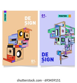 Flat color covers set. Abstract colorful geometric 3d with typography design template. Trendy poster design and colorful theme. 