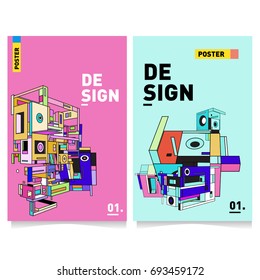 Flat color covers set. Abstract colorful geometric 3d with typography design template. Trendy poster design and colorful theme. 