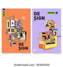 Flat color covers set. Abstract colorful geometric 3d with typography design template. Trendy poster design and colorful theme. 