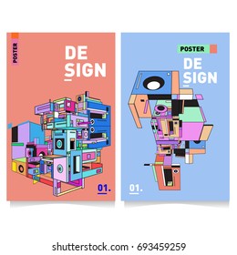 Flat color covers set. Abstract colorful geometric 3d with typography design template. Trendy poster design and colorful theme. 