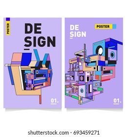 Flat color covers set. Abstract colorful geometric 3d with typography design template. Trendy poster design and colorful theme. 