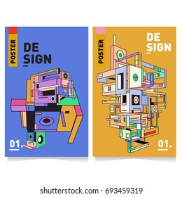 Flat color covers set. Abstract colorful geometric 3d with typography design template. Trendy poster design and colorful theme. 