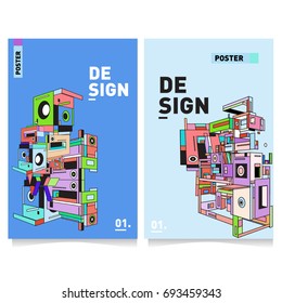 Flat color covers set. Abstract colorful geometric 3d with typography design template. Trendy poster design and colorful theme. 