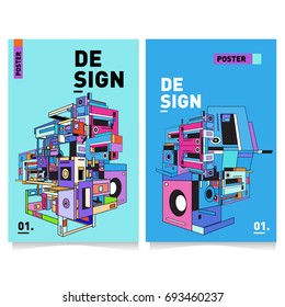 Flat color covers set. Abstract colorful geometric 3d with typography design template. Trendy poster design and colorful theme. 