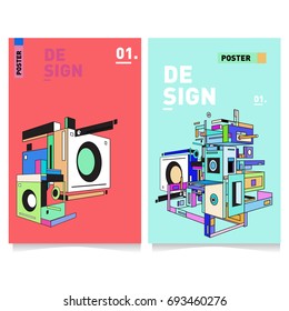 Flat color covers set. Abstract colorful geometric 3d with typography design template. Trendy poster design and colorful theme. 