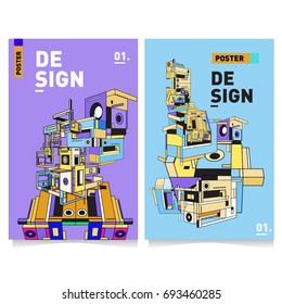 Flat color covers set. Abstract colorful geometric 3d with typography design template. Trendy poster design and colorful theme. 