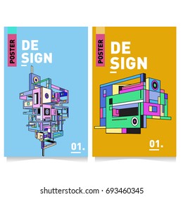 Flat color covers set. Abstract colorful geometric 3d with typography design template. Trendy poster design and colorful theme. 