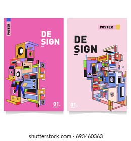 Flat color covers set. Abstract colorful geometric 3d with typography design template. Trendy poster design and colorful theme. 