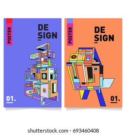 Flat color covers set. Abstract colorful geometric 3d with typography design template. Trendy poster design and colorful theme. 