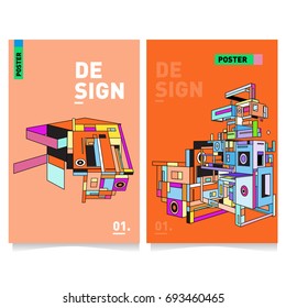 Flat color covers set. Abstract colorful geometric 3d with typography design template. Trendy poster design and colorful theme. 