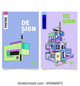 Flat color covers set. Abstract colorful geometric 3d with typography design template. Trendy poster design and colorful theme. 