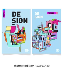 Flat color covers set. Abstract colorful geometric 3d with typography design template. Trendy poster design and colorful theme. 