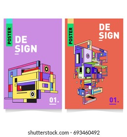 Flat color covers set. Abstract colorful geometric 3d with typography design template. Trendy poster design and colorful theme. 