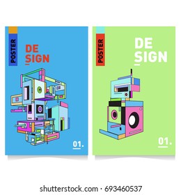 Flat color covers set. Abstract colorful geometric 3d with typography design template. Trendy poster design and colorful theme. 