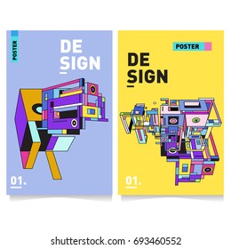 Flat color covers set. Abstract colorful geometric 3d with typography design template. Trendy poster design and colorful theme. 