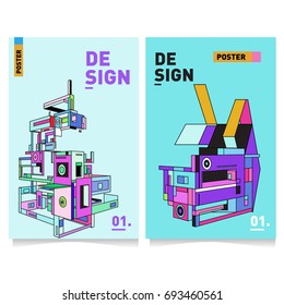 Flat color covers set. Abstract colorful geometric 3d with typography design template. Trendy poster design and colorful theme. 