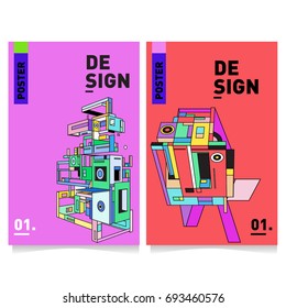 Flat color covers set. Abstract colorful geometric 3d with typography design template. Trendy poster design and colorful theme. 