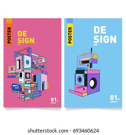 Flat color covers set. Abstract colorful geometric 3d with typography design template. Trendy poster design and colorful theme. 