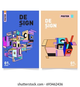 Flat color covers set. Abstract colorful geometric 3d with typography design template. Trendy poster design and colorful theme. 