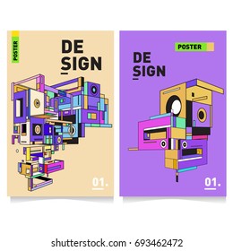 Flat color covers set. Abstract colorful geometric 3d with typography design template. Trendy poster design and colorful theme. 