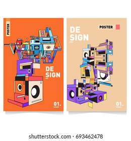 Flat color covers set. Abstract colorful geometric 3d with typography design template. Trendy poster design and colorful theme. 