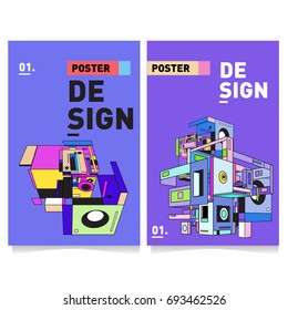 Flat color covers set. Abstract colorful geometric 3d with typography design template. Trendy poster design and colorful theme. 